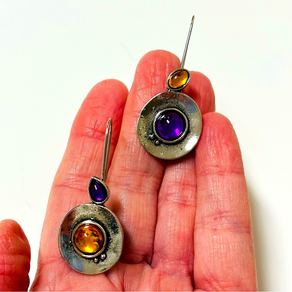 Earrings Dangle NIP  Unique purple and yellow stone silver tone. 2” x .80” - Picture 6 of 9
